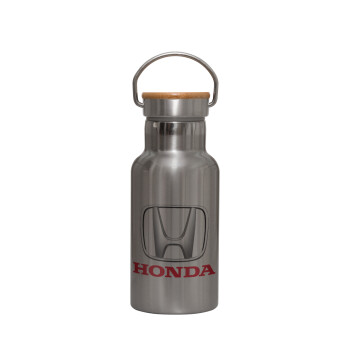 HONDA, Stainless steel metallic thermos flask, silver with a bamboo lid, double-walled, 350ml.