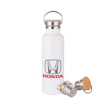 HONDA, Μεταλλικό παγούρι θερμός (Stainless steel) Λευκό με ξύλινο καπακι (bamboo), διπλού τοιχώματος, 750ml