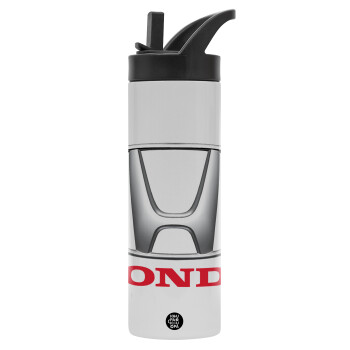 HONDA, Metallic thermos bottle with straw & handle, stainless steel (Stainless steel 304), double-walled, 600ml.