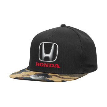 HONDA, Adult Flat Snapback Hat Black/Camouflage, (100% COTTON TWILL, ADULT, UNISEX, ONE SIZE)