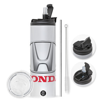 HONDA, Travel Tumbler 2 Lids, with metal straw & cleaning brush (Stainless steel 304 Food grade, BPA free, 600ml)