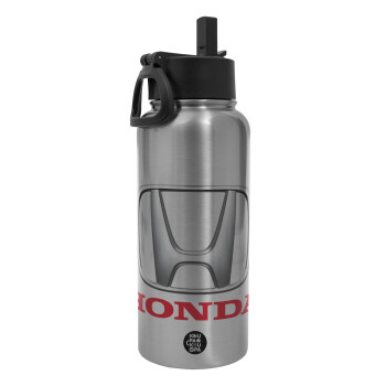 HONDA, Metal mug thermo Silver with Straw and Spout Lid (Stainless steel), double wall, 950ml