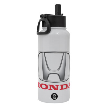 HONDA, Metal mug thermo White with Straw and Spout Lid (Stainless steel), double wall, 950ml