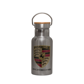 Porsche, Stainless steel metallic thermos flask, silver with a bamboo lid, double-walled, 350ml.