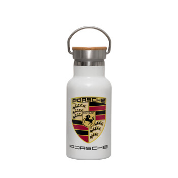 Porsche, Metallic thermos (Stainless steel) White with wooden lid (bamboo), double-walled, 350ml