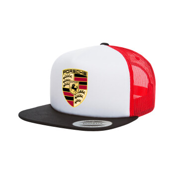 Porsche, Adult Foam Flat Snapback with Mesh Black-White-Red (POLYESTER, ADULT, UNISEX, ONE SIZE)