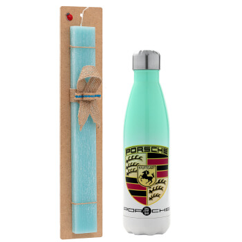 Porsche, Easter Set, Metallic green/white thermos (Stainless steel), double-walled, 500ml & scented flat Easter candle (30cm) (TURQUOISE)