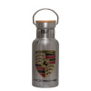 Stainless steel metallic thermos flask, silver with a bamboo lid, double-walled, 350ml.