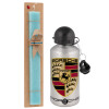 Easter Set, metallic silver aluminum water bottle (500ml) & scented flat Easter candle (30cm) (TURQUOISE)