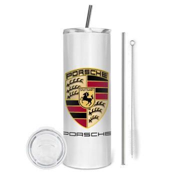 Porsche, Tumbler ποτήρι θερμό από ανοξείδωτο ατσάλι 600ml, με μεταλλικό καλαμάκι & βούρτσα καθαρισμού