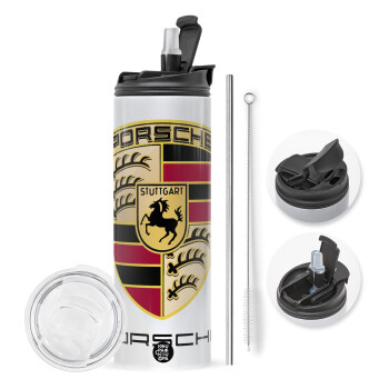 Porsche, Travel Tumbler θερμό με διπλό καπάκι, μεταλλικό καλαμάκι και βούρτσα καθαρισμού (Ανωξείδωτο 304 Food grade, BPA free, 600ml)