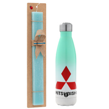 mitsubishi, Easter Set, Metallic green/white thermos (Stainless steel), double-walled, 500ml & scented flat Easter candle (30cm) (TURQUOISE)