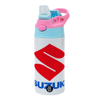 SUZUKI, Children's hot water bottle, stainless steel, with safety straw, Pink/BlueCiel (360ml) BPA FREE