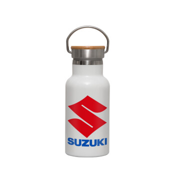 SUZUKI, Μεταλλικό παγούρι θερμός (Stainless steel) Λευκό με ξύλινο καπακι (bamboo), διπλού τοιχώματος, 350ml