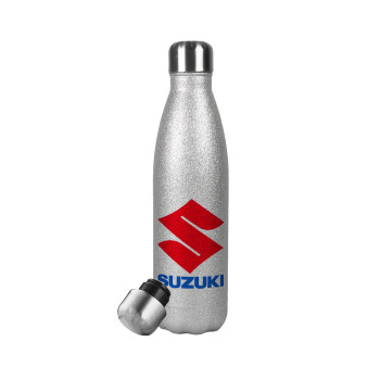 SUZUKI, Μεταλλικό παγούρι θερμός Glitter Aσημένιο (Stainless steel), διπλού τοιχώματος, 500ml