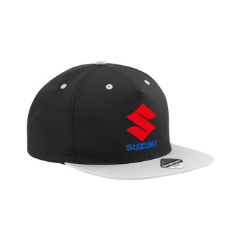 SUZUKI, Adult Flat Snapback Hat Black/Grey, (100% COTTON TWILL, ADULT, UNISEX, ONE SIZE)