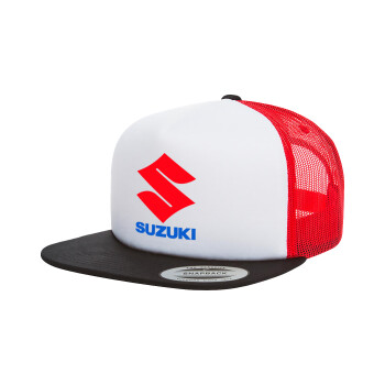 SUZUKI, Adult Foam Flat Snapback with Mesh Black-White-Red (POLYESTER, ADULT, UNISEX, ONE SIZE)