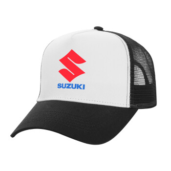 SUZUKI, Adult Structured Trucker Hat, with Mesh, WHITE/BLACK (100% COTTON, ADULT, UNISEX, ONE SIZE)