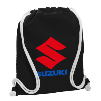 SUZUKI, Τσάντα πλάτης πουγκί GYMBAG Μαύρη, με τσέπη (40x48cm) & χονδρά λευκά κορδόνια