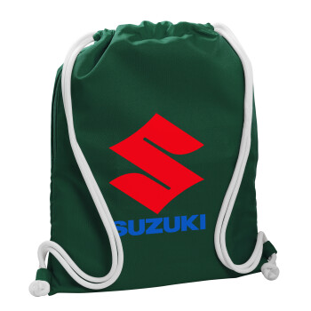 SUZUKI, Τσάντα πλάτης πουγκί GYMBAG BOTTLE GREEN, με τσέπη (40x48cm) & χονδρά λευκά κορδόνια