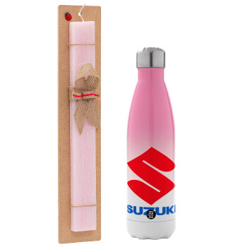 SUZUKI, Easter Set, Metallic pink/white (Stainless steel) thermos, double-walled, 500ml & aromatic flat Easter candle (30cm) (PINK)