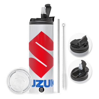 SUZUKI, Travel Tumbler θερμό με διπλό καπάκι, μεταλλικό καλαμάκι και βούρτσα καθαρισμού (Ανωξείδωτο 304 Food grade, BPA free, 600ml)