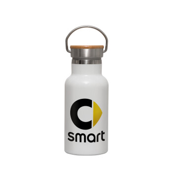 smart, Metallic thermos (Stainless steel) White with wooden lid (bamboo), double-walled, 350ml