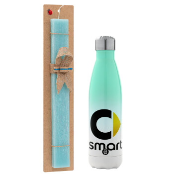 smart, Easter Set, Metallic green/white thermos (Stainless steel), double-walled, 500ml & scented flat Easter candle (30cm) (TURQUOISE)