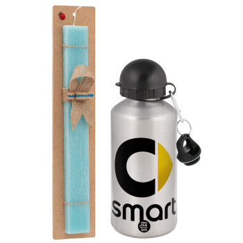 smart, Easter Set, metallic silver aluminum water bottle (500ml) & scented flat Easter candle (30cm) (TURQUOISE)