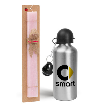 smart, Easter Set, metallic Silver aluminum water bottle (500ml) & scented flat Easter candle (30cm) (PINK)