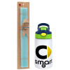 Easter Set, Children's thermal stainless steel bottle with safety straw, green/blue (350ml) & aromatic flat Easter candle (30cm) (TURQUOISE)