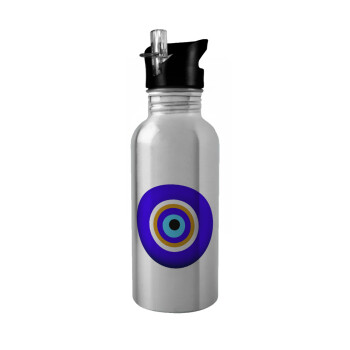 Το μάτι, Water bottle Silver with straw, stainless steel 600ml