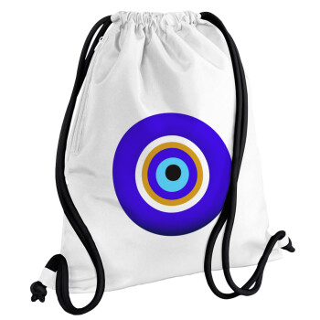 Το μάτι, Τσάντα πλάτης πουγκί GYMBAG λευκή, με τσέπη (40x48cm) & χονδρά κορδόνια