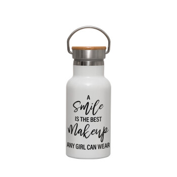 A slime is the best makeup any girl can wear, Metallic thermos (Stainless steel) White with wooden lid (bamboo), double-walled, 350ml