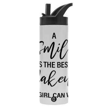 A slime is the best makeup any girl can wear, Metallic thermos bottle with straw & handle, stainless steel (Stainless steel 304), double-walled, 600ml.