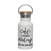 Metallic thermos (Stainless steel) White with wooden lid (bamboo), double-walled, 350ml