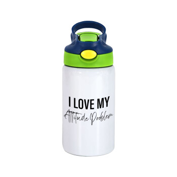 I love my attitude problem, Children's hot water bottle, stainless steel, with safety straw, green, blue (350ml)
