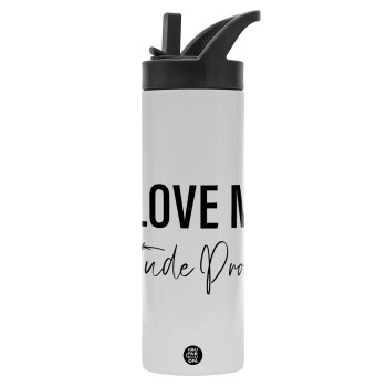 I love my attitude problem, Metallic thermos bottle with straw & handle, stainless steel (Stainless steel 304), double-walled, 600ml.