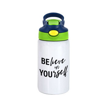 Believe in your self, Children's hot water bottle, stainless steel, with safety straw, green, blue (350ml)