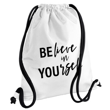 Believe in your self, Backpack pouch GYMBAG white, with pocket (40x48cm) & thick cords