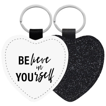 Believe in your self, Μπρελόκ PU δερμάτινο glitter καρδιά ΜΑΥΡΟ