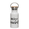 Metallic thermos (Stainless steel) White with wooden lid (bamboo), double-walled, 350ml