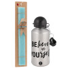 Easter Set, metallic silver aluminum water bottle (500ml) & scented flat Easter candle (30cm) (TURQUOISE)