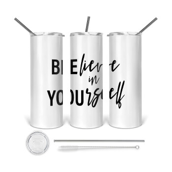 Believe in your self, 360 Eco friendly ποτήρι θερμό (tumbler) από ανοξείδωτο ατσάλι 600ml, με μεταλλικό καλαμάκι & βούρτσα καθαρισμού