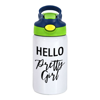 Hello pretty girl, Children's hot water bottle, stainless steel, with safety straw, green, blue (350ml)
