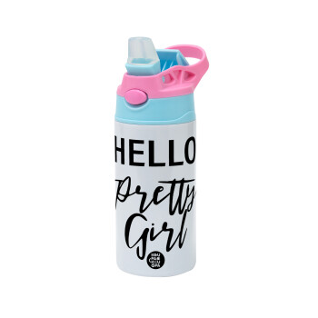 Hello pretty girl, Children's hot water bottle, stainless steel, with safety straw, Pink/BlueCiel (360ml) BPA FREE