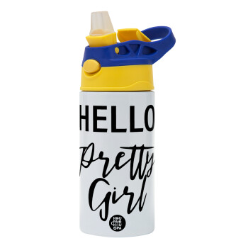 Hello pretty girl, Children's hot water bottle, stainless steel, with safety straw, green, blue (360ml) BPA FREE