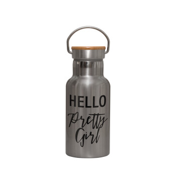 Hello pretty girl, Stainless steel metallic thermos flask, silver with a bamboo lid, double-walled, 350ml.