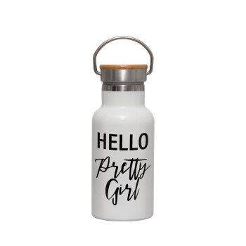 Hello pretty girl, Metallic thermos (Stainless steel) White with wooden lid (bamboo), double-walled, 350ml