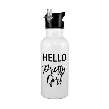 Hello pretty girl, White water bottle with straw, stainless steel 600ml